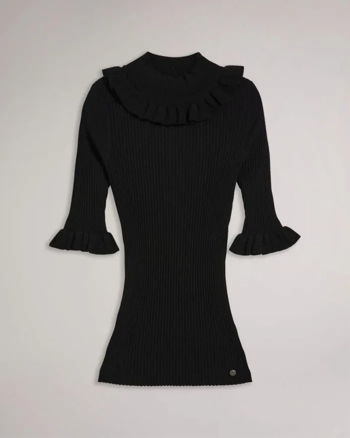 Fitted Top With Frill Neck Detail Black Women Ted Baker Clothing Fitted Top With Frill Neck Detail Black Women Ted Baker Clothing