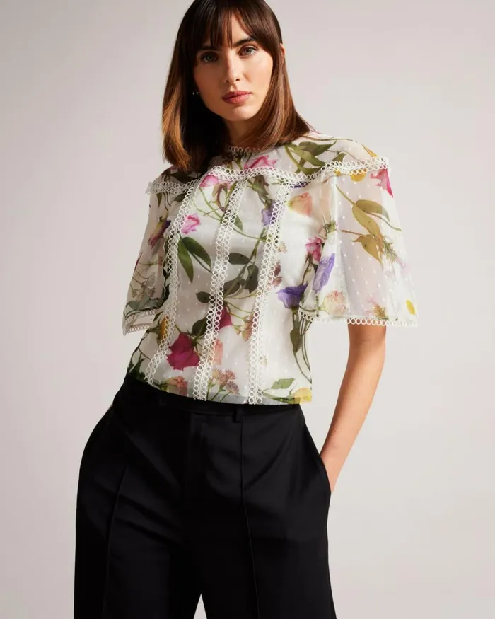 Floral High Neck Top With Lace Details White Women Ted Baker Clothing Floral High Neck Top With Lace Details White Women Ted Baker Clothing