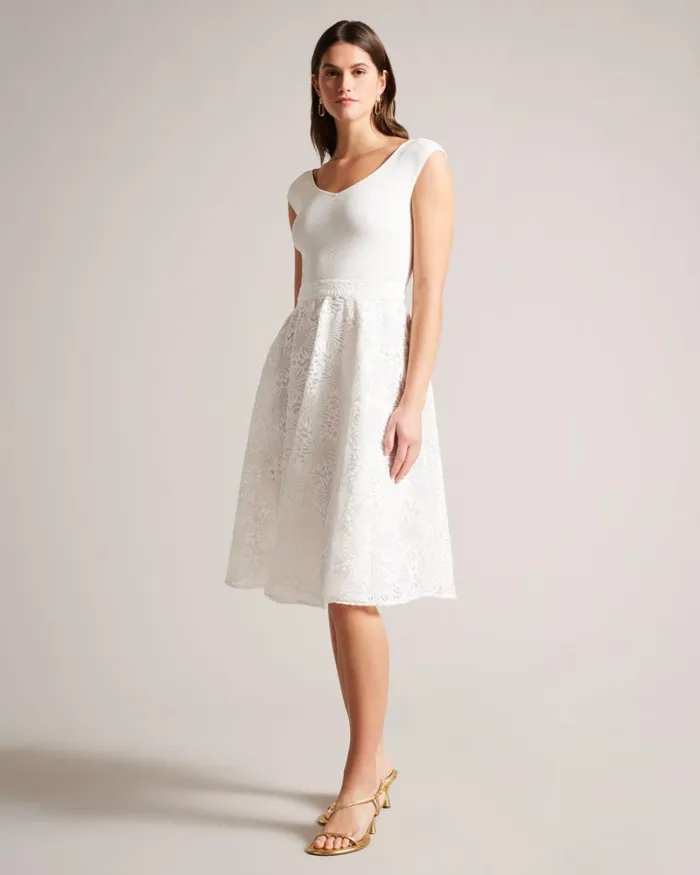 Floral Knit Bodice Midi Dress White Women Ted Baker Clothing
