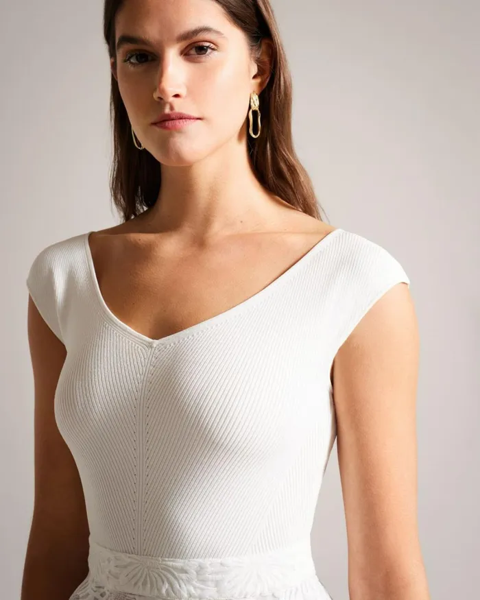 Floral Knit Bodice Midi Dress White Women Ted Baker Clothing