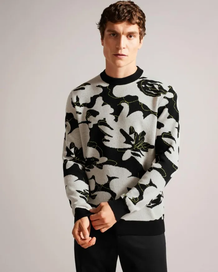 Floral Merino Wool Jumper Black Men Ted Baker Clothing