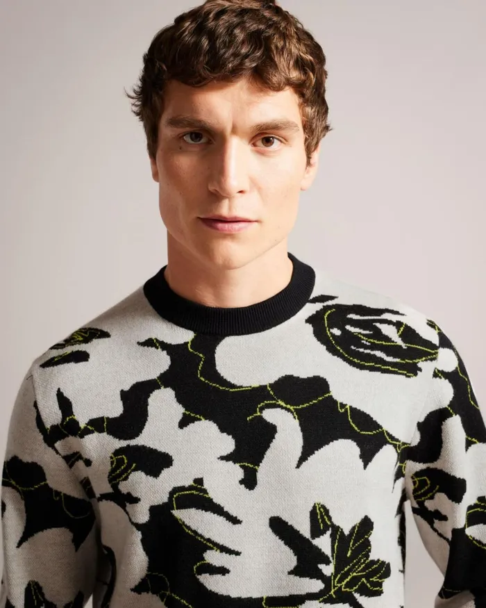Floral Merino Wool Jumper Black Men Ted Baker Clothing