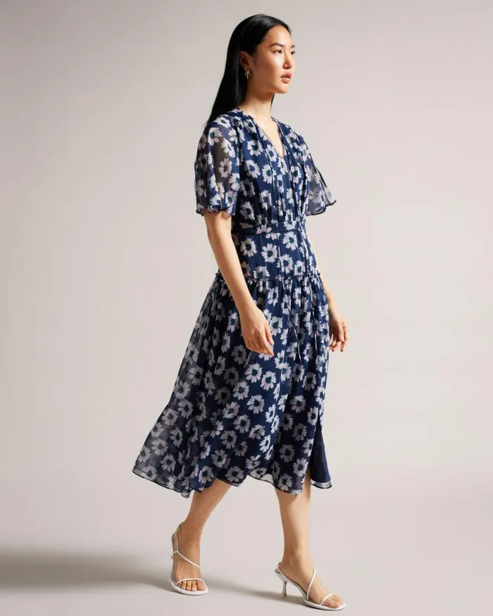 Floral Print Tiered Midi Dress Dark Navy Women Ted Baker Clothing