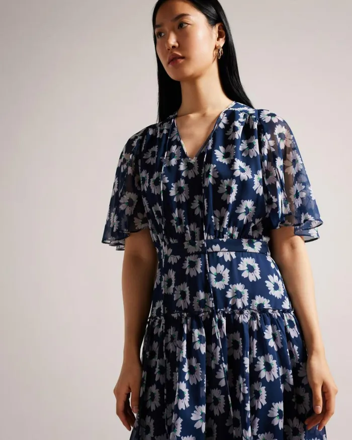 Floral Print Tiered Midi Dress Dark Navy Women Ted Baker Clothing