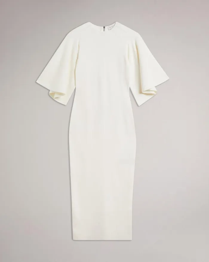 Fluted Sleeve Knitted Bodycon Midi Dress White Women Ted Baker Clothing