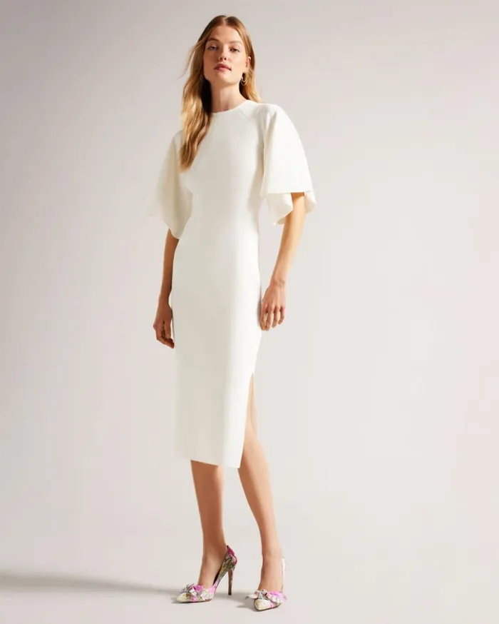 Fluted Sleeve Knitted Bodycon Midi Dress White Women Ted Baker Clothing