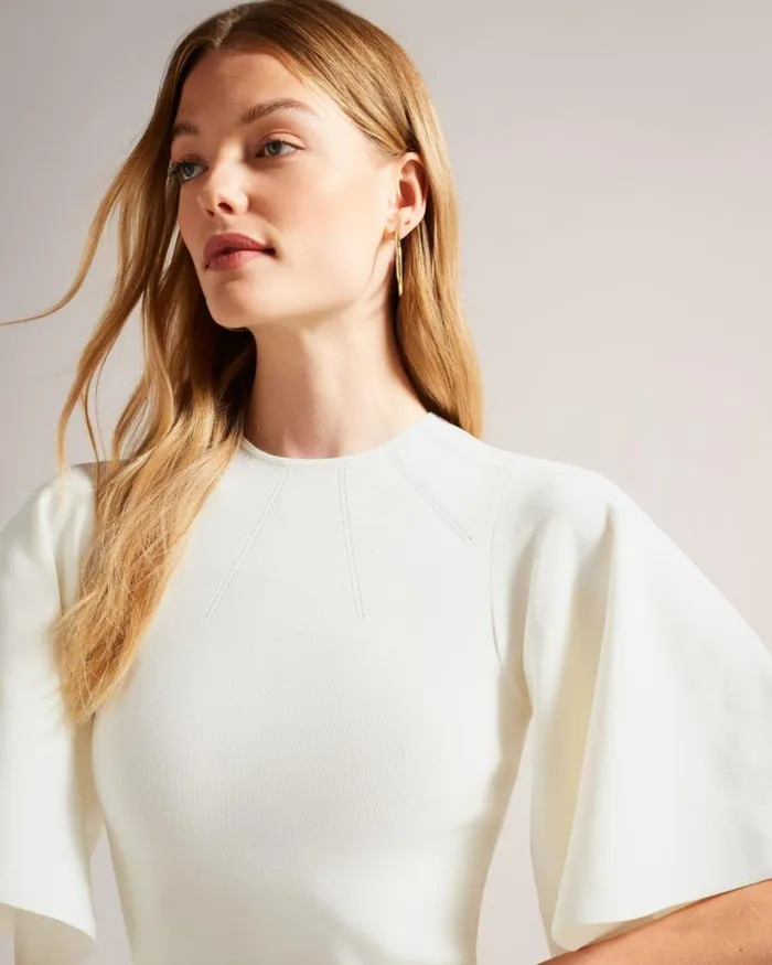 Fluted Sleeve Knitted Bodycon Midi Dress White Women Ted Baker Clothing