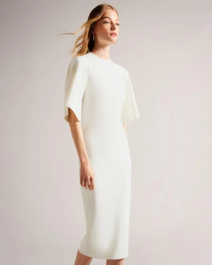 Fluted Sleeve Knitted Bodycon Midi Dress White Women Ted Baker Clothing