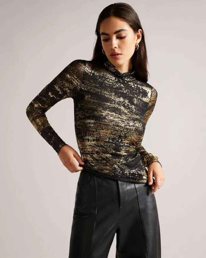 Foil Print Mesh Top Black Women Ted Baker Tops and TShirts Foil Print Mesh Top Black Women Ted Baker Tops and TShirts