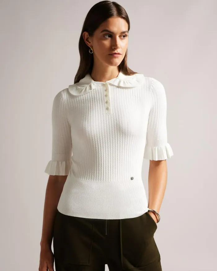 Frill Collar Polo Top White Women Ted Baker Clothing Frill Collar Polo Top White Women Ted Baker Clothing