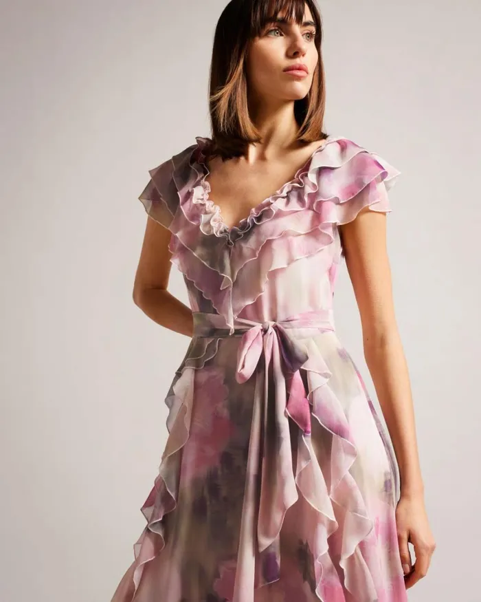 Frilled Floral Maxi Dress Coral Women Ted Baker Clothing