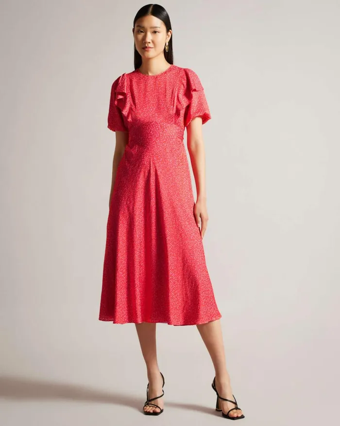 Geometric Floral Puff Sleeve Midaxi Dress Fuchsia Women Ted Baker Clothing Geometric Floral Puff Sleeve Midaxi Dress Fuchsia Women Ted Baker Clothing
