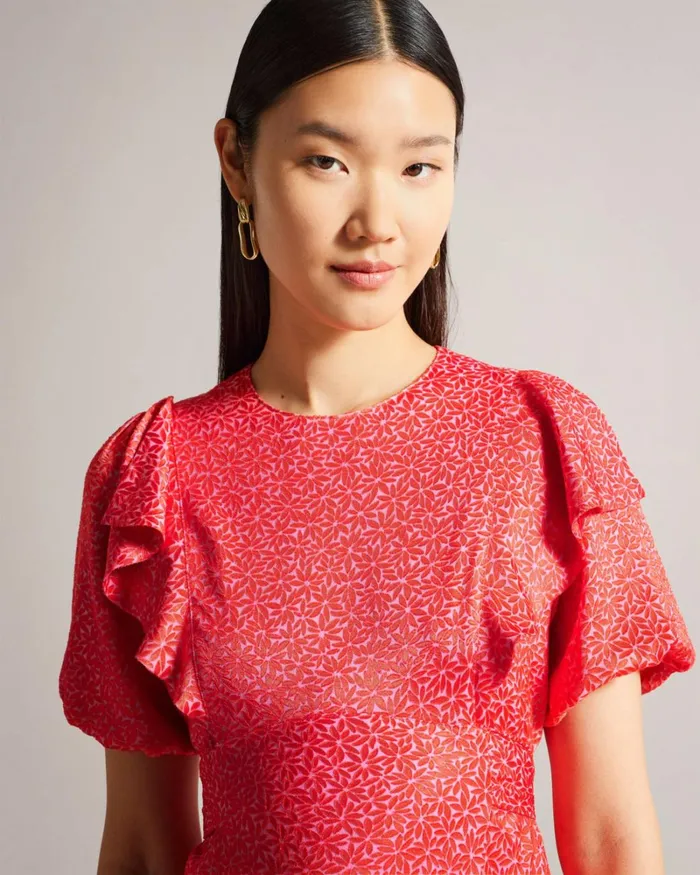 Geometric Floral Puff Sleeve Midaxi Dress Fuchsia Women Ted Baker Clothing Geometric Floral Puff Sleeve Midaxi Dress Fuchsia Women Ted Baker Clothing