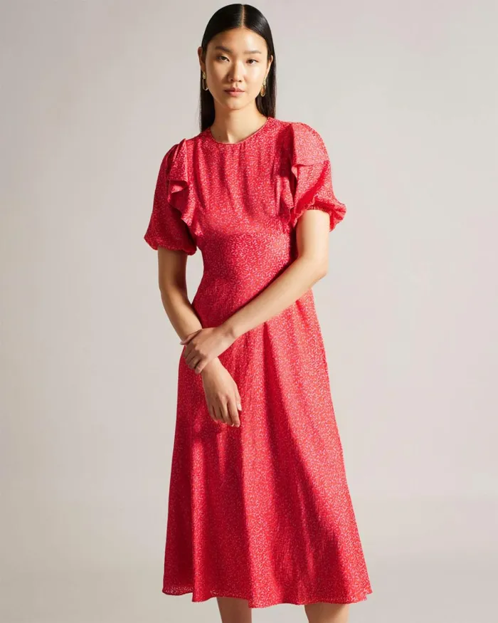 Geometric Floral Puff Sleeve Midaxi Dress Fuchsia Women Ted Baker Clothing Geometric Floral Puff Sleeve Midaxi Dress Fuchsia Women Ted Baker Clothing