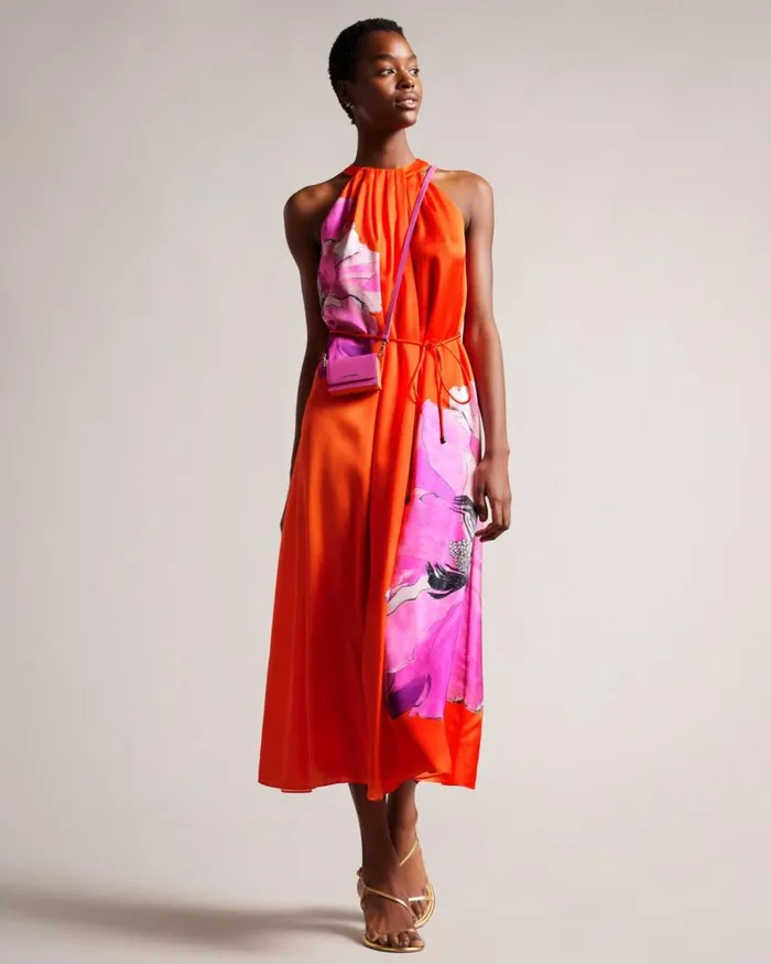 Halterneck Midaxi Swing Dress Bright Orange Women Ted Baker Clothing Halterneck Midaxi Swing Dress Bright Orange Women Ted Baker Clothing