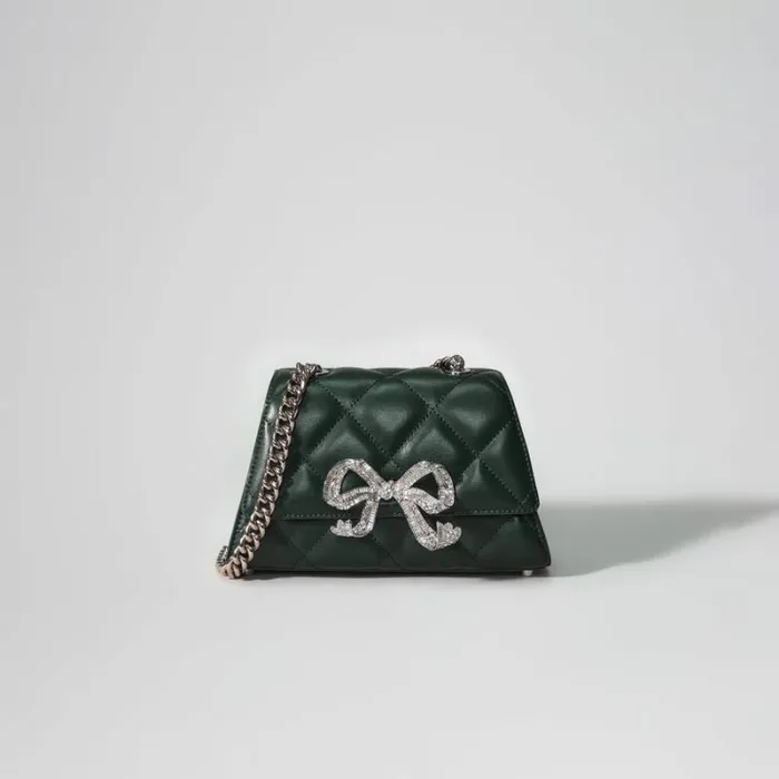 Handbags Woman SelfPortrait Green Quilted Shoulder Mini Bow Bag