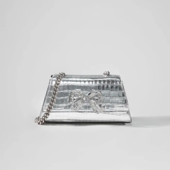 Handbags Woman SelfPortrait Silver Croc Bow Mini Shoulder Bag