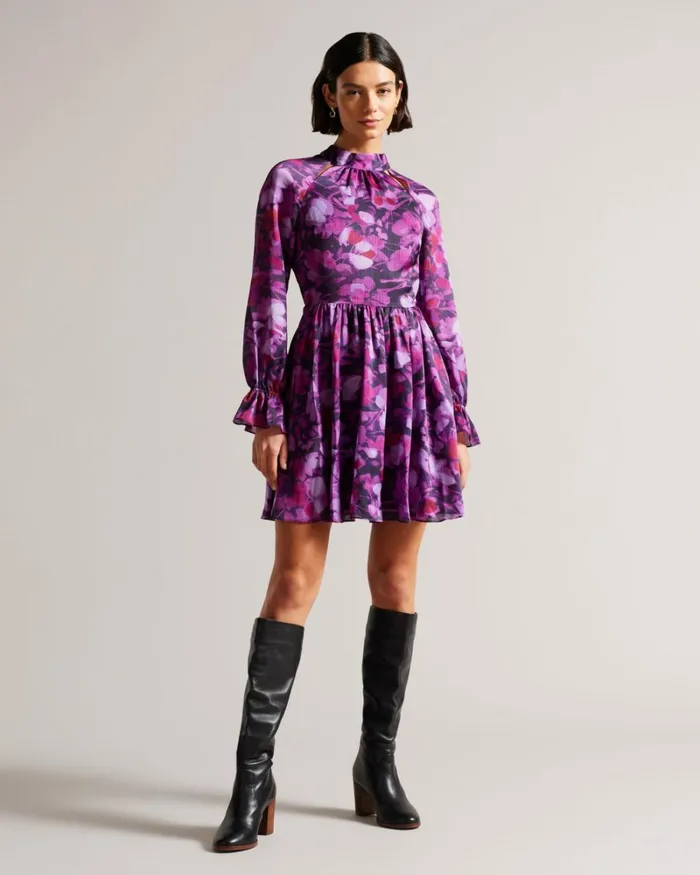 High Neck Fit And Flare Mini Dress Purple Women Ted Baker Clothing