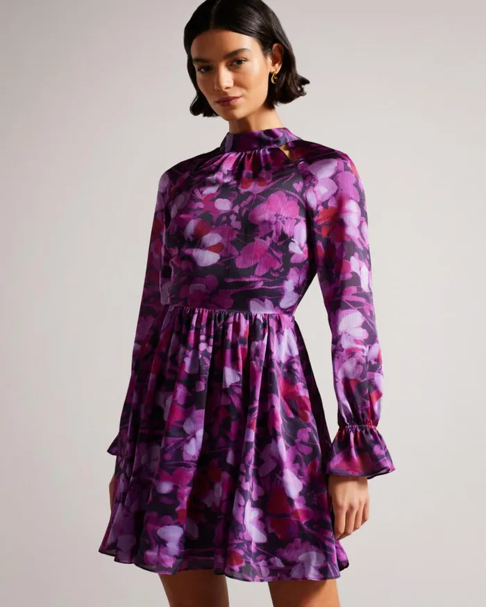 High Neck Fit And Flare Mini Dress Purple Women Ted Baker Clothing