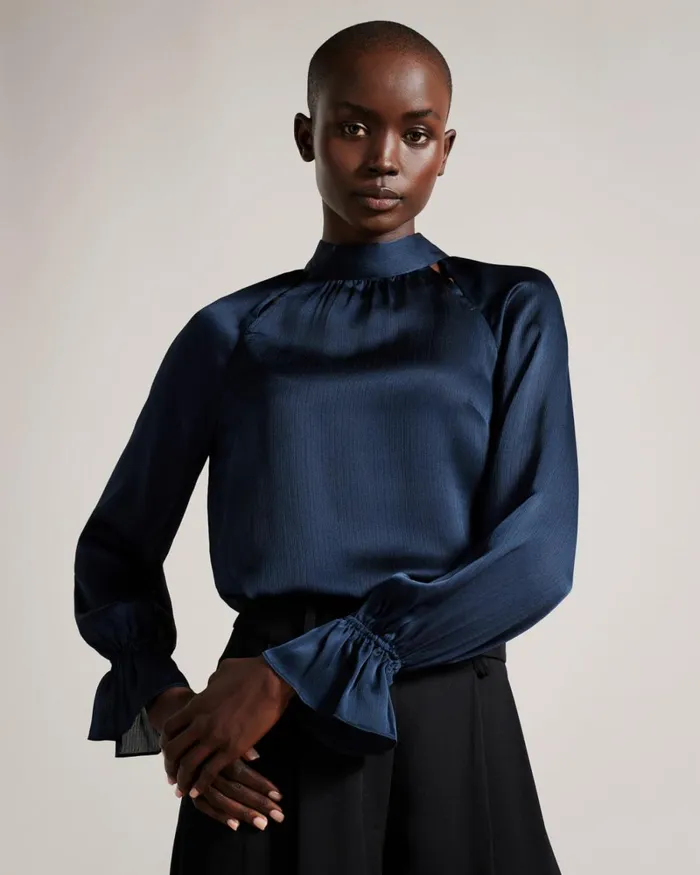 High Neck Long Sleeve Blouse With Cut Outs Dark Blue Women Ted Baker Clothing