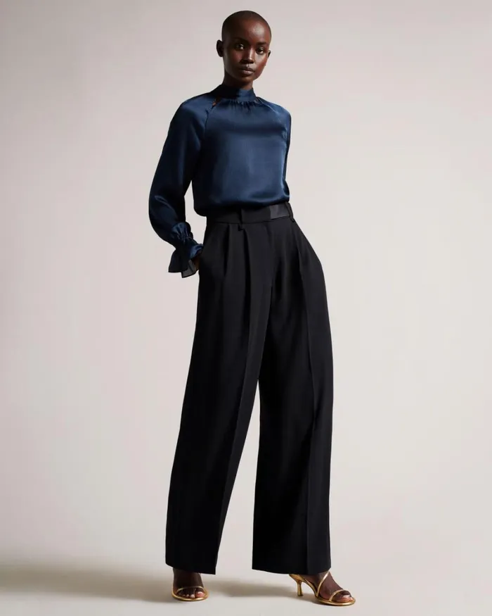 High Neck Long Sleeve Blouse With Cut Outs Dark Blue Women Ted Baker Clothing