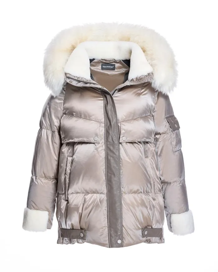 Jackets Women039s Maximilian Julia and Stella Hooded Puffer With Lamb Trim