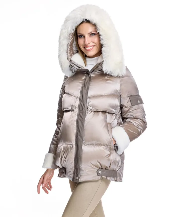 Jackets Women039s Maximilian Julia and Stella Hooded Puffer With Lamb Trim