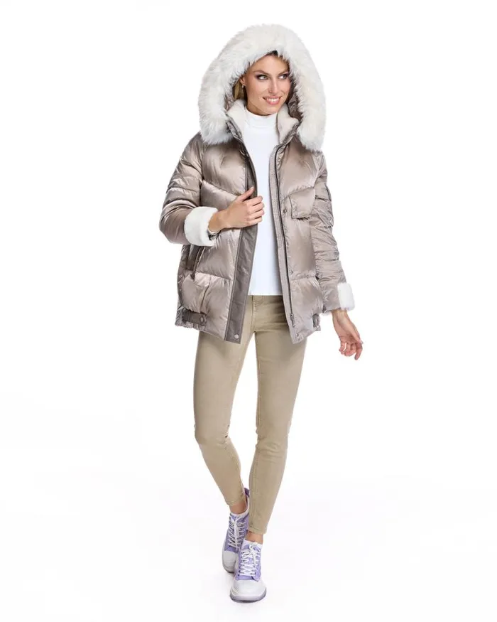 Jackets Women039s Maximilian Julia and Stella Hooded Puffer With Lamb Trim