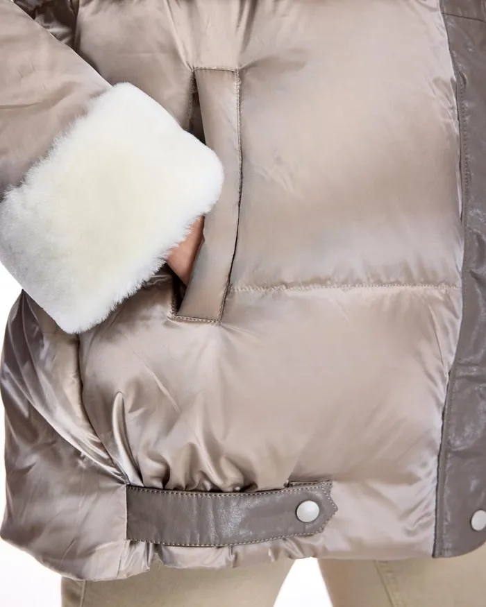 Jackets Women039s Maximilian Julia and Stella Hooded Puffer With Lamb Trim