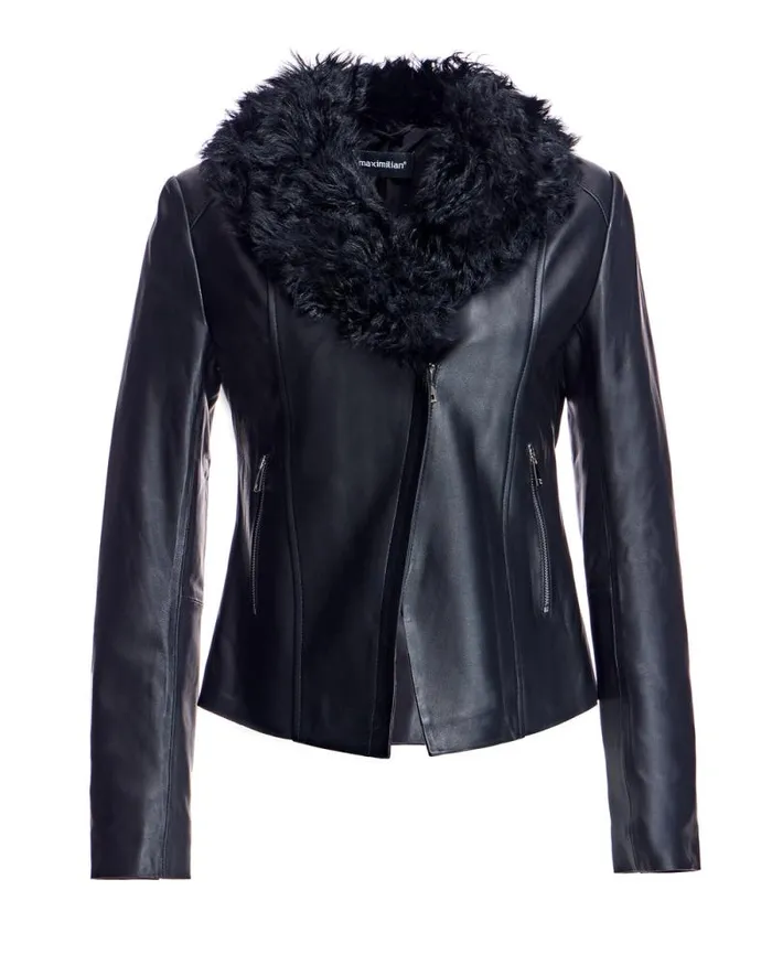Jackets Women039s Maximilian Julia and Stella Leather Jacket With Dyed Curly Lamb Trim