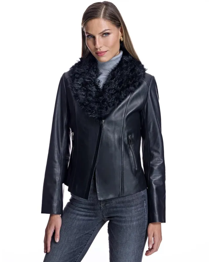 Jackets Women039s Maximilian Julia and Stella Leather Jacket With Dyed Curly Lamb Trim