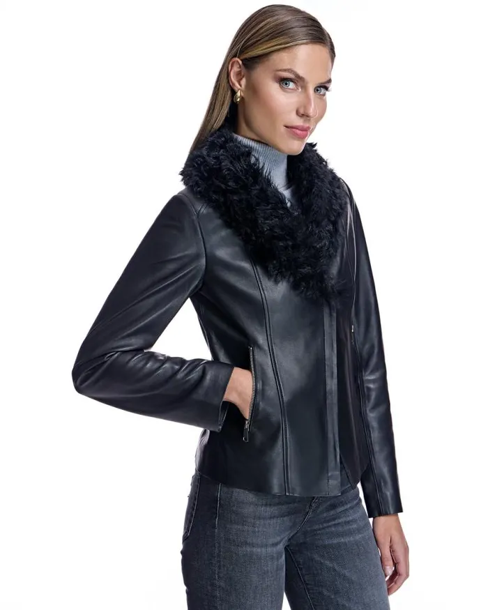 Jackets Women039s Maximilian Julia and Stella Leather Jacket With Dyed Curly Lamb Trim