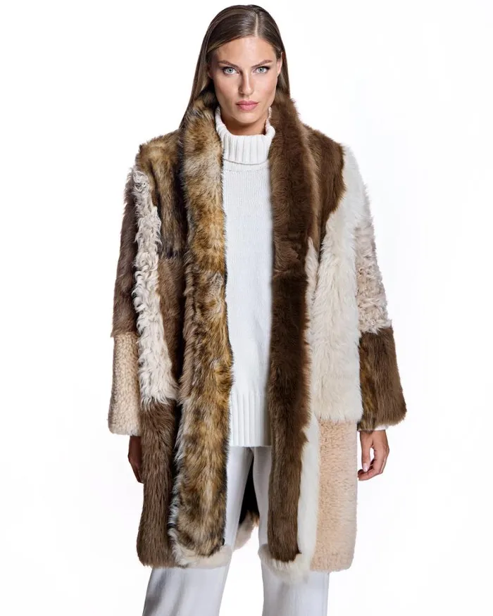 Jackets Women039s Maximilian Julia and Stella Patchwork Shearling Overcoat