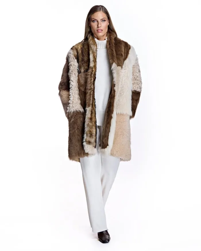 Jackets Women039s Maximilian Julia and Stella Patchwork Shearling Overcoat