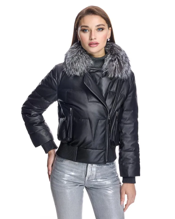 Jackets Women039s Maximilian Leather Bomber Jacket With Silver Fox Collar