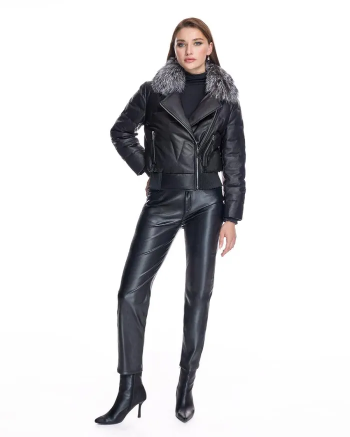 Jackets Women039s Maximilian Leather Bomber Jacket With Silver Fox Collar