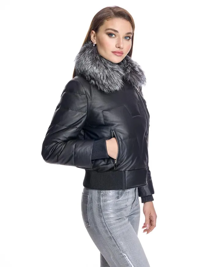 Jackets Women039s Maximilian Leather Bomber Jacket With Silver Fox Collar