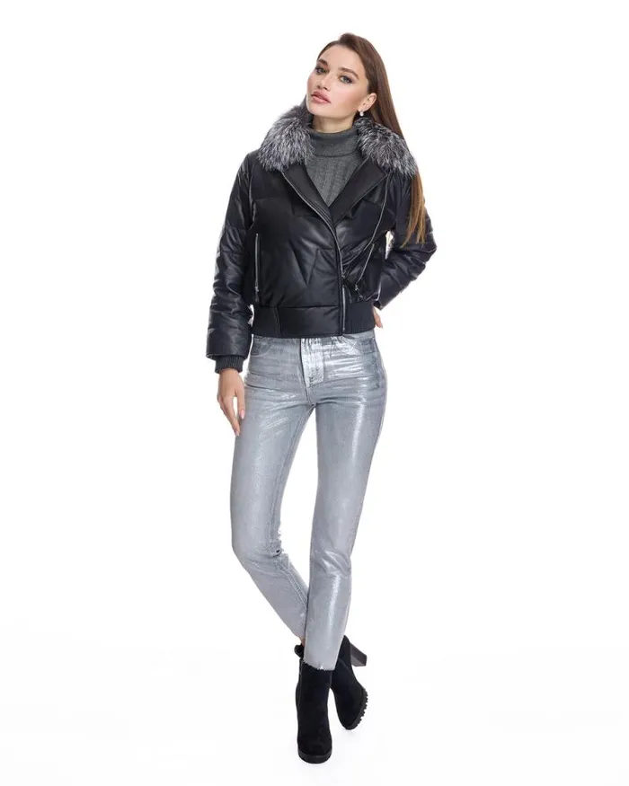 Jackets Women039s Maximilian Leather Bomber Jacket With Silver Fox Collar