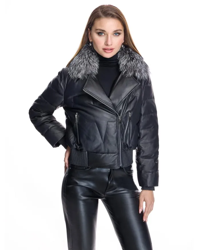 Jackets Women039s Maximilian Leather Bomber Jacket With Silver Fox Collar