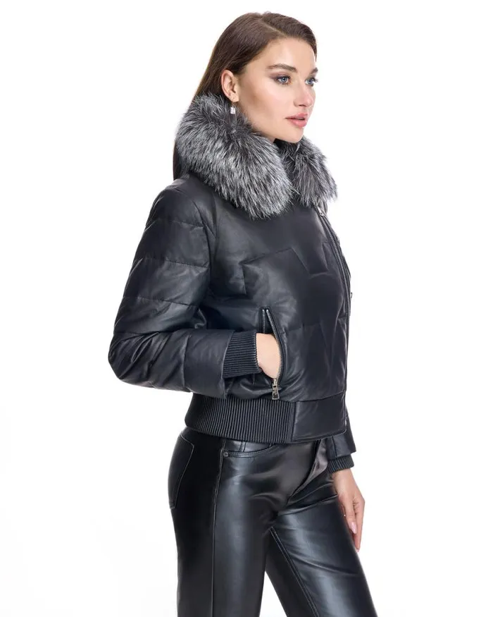 Jackets Women039s Maximilian Leather Bomber Jacket With Silver Fox Collar