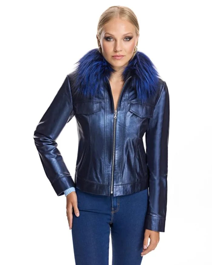 Jackets Women039s Maximilian Metallic Leather Jacket With Fox Collar