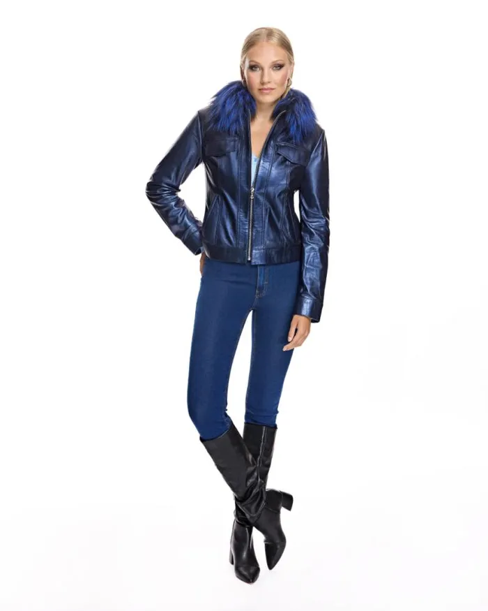 Jackets Women039s Maximilian Metallic Leather Jacket With Fox Collar