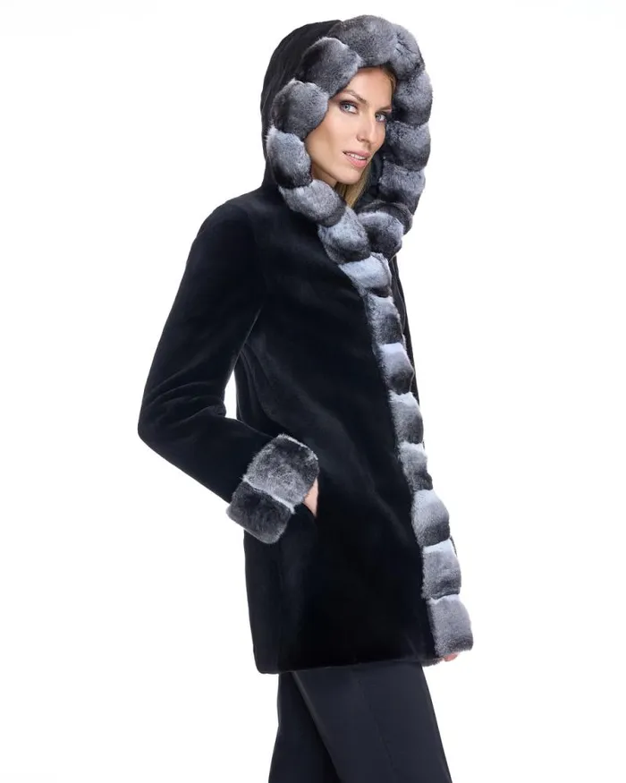 Jackets Women039s Maximilian Sheared Mink Reversible Hooded Coat With Chinchilla Trim