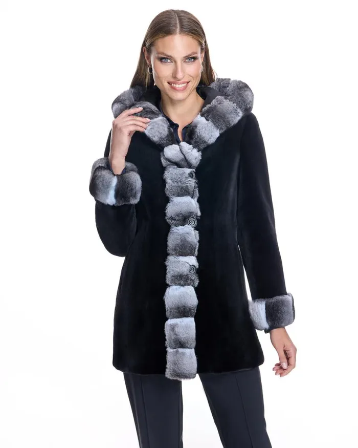 Jackets Women039s Maximilian Sheared Mink Reversible Hooded Coat With Chinchilla Trim