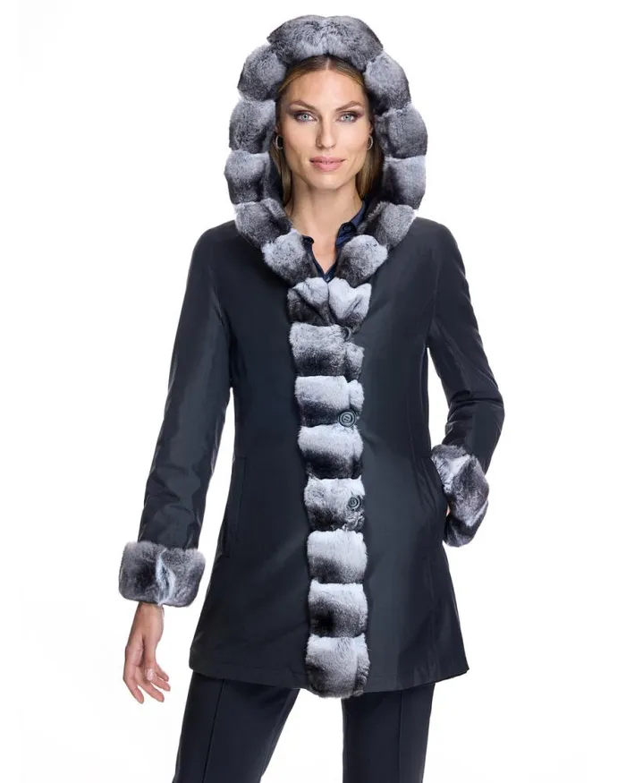 Jackets Women039s Maximilian Sheared Mink Reversible Hooded Coat With Chinchilla Trim