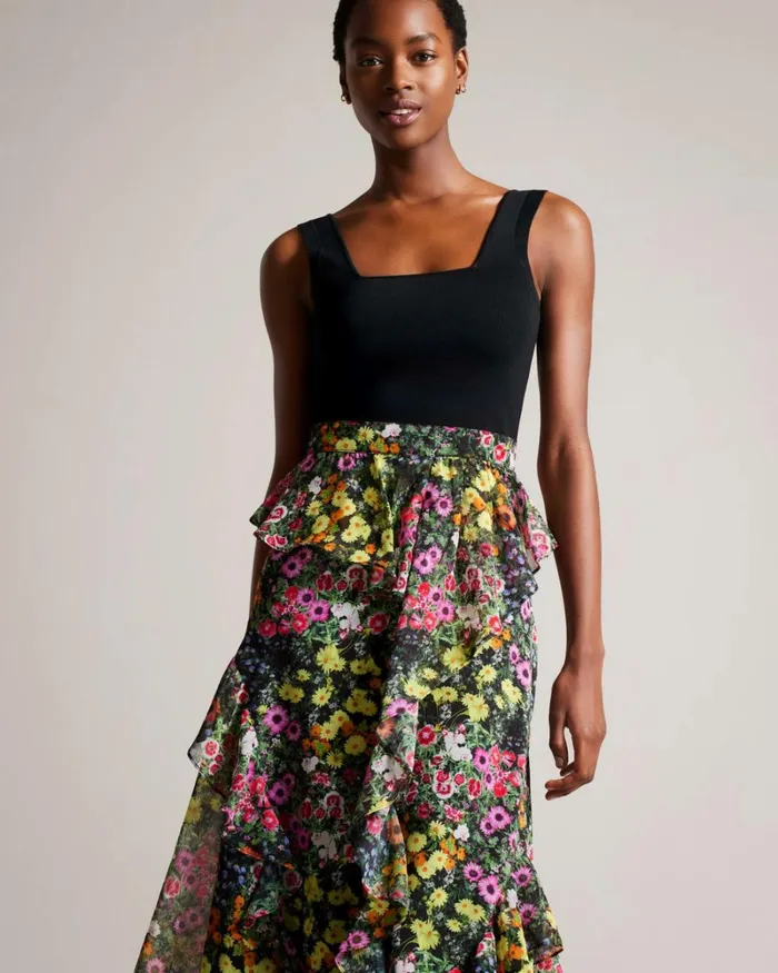 Knit Bodice Dress With Ruffle Skirt Black Women Ted Baker Clothing