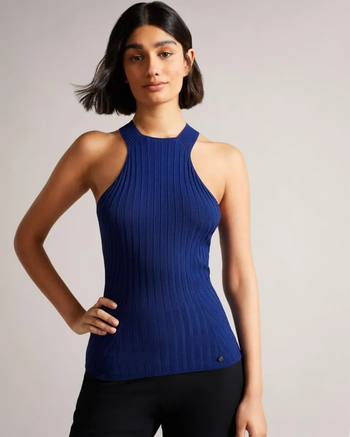 Knitted Halterneck Top Dark Blue Women Ted Baker Clothing Knitted Halterneck Top Dark Blue Women Ted Baker Clothing