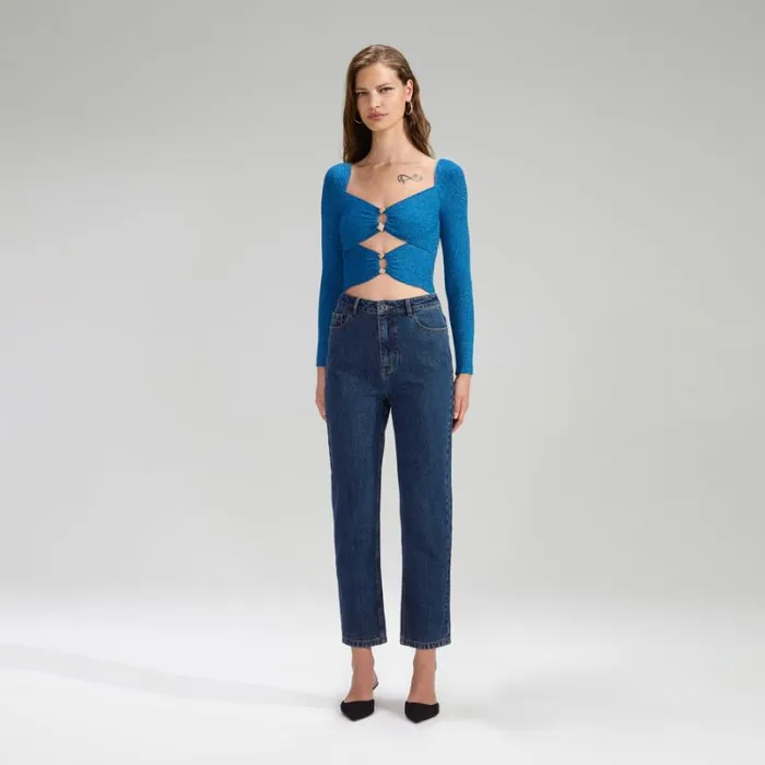 Knitwear Woman SelfPortrait Blue Lurex Knit Top Knitwear Woman SelfPortrait Blue Lurex Knit Top