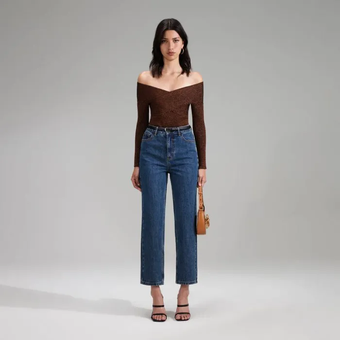 Knitwear Woman SelfPortrait Brown Lurex Knit Off Shoulder Top