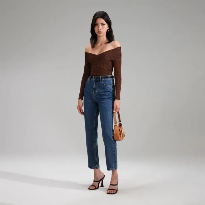 Knitwear Woman SelfPortrait Brown Lurex Knit Off Shoulder Top Knitwear Woman SelfPortrait Brown Lurex Knit Off Shoulder Top